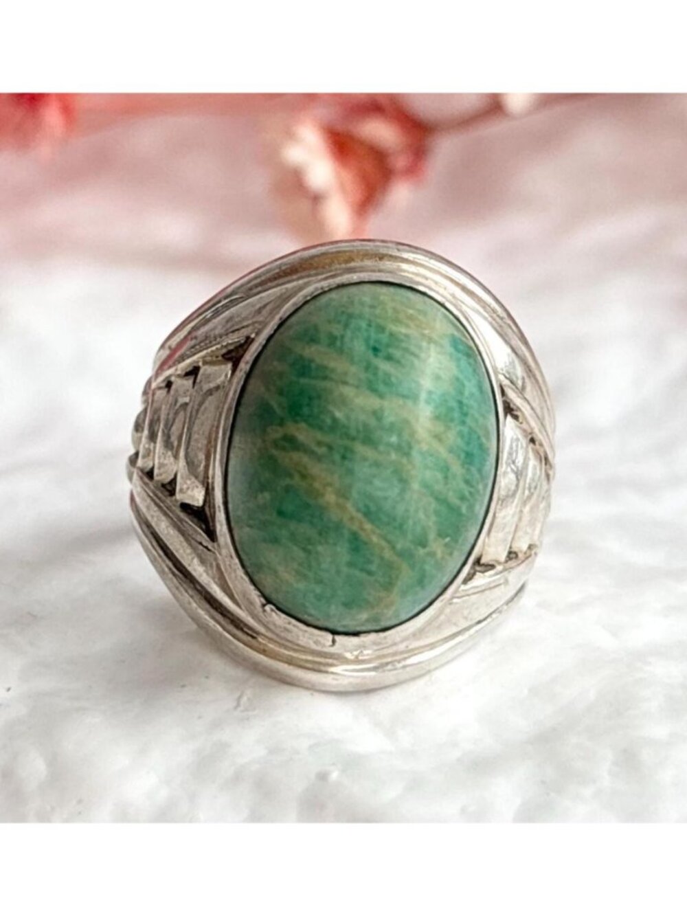 Amazonite Green Gemstone Solitaire Sterling Silver 925 Vintage Ring - sz 6.75